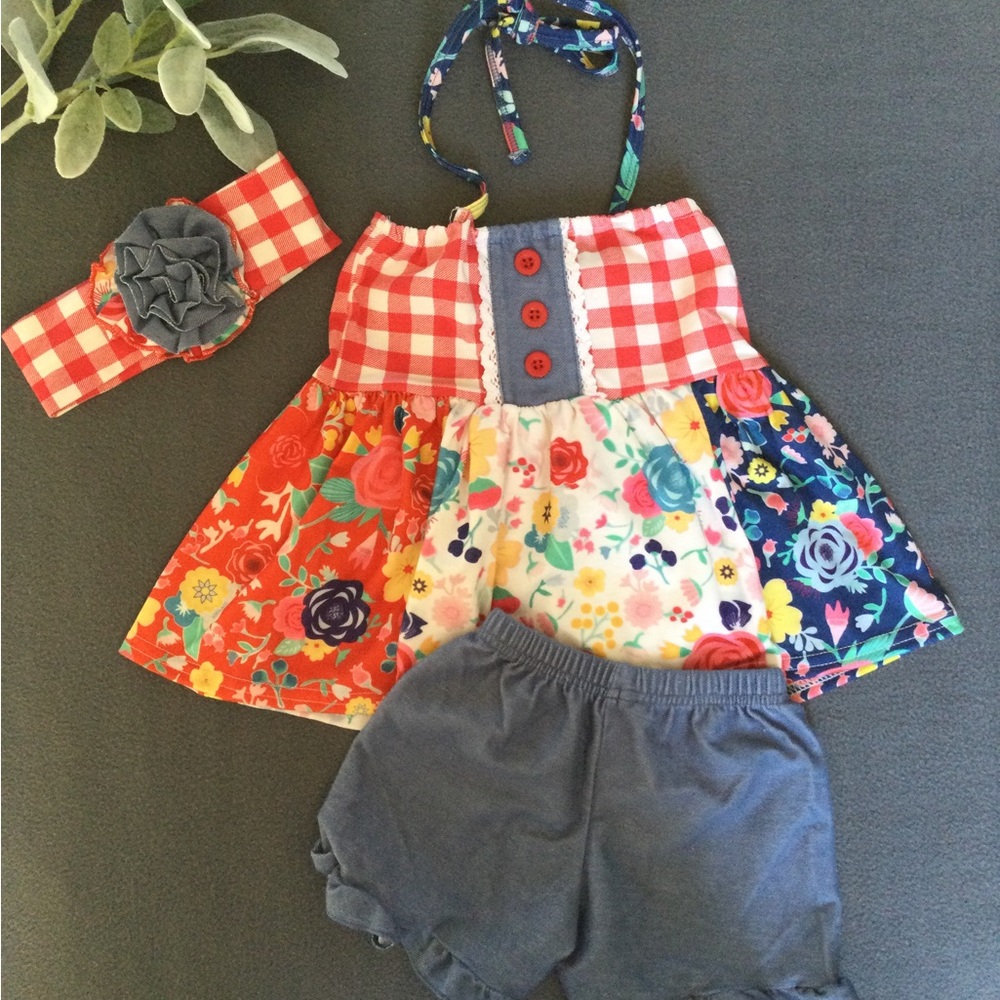 Girls Floral Patchwork Halter Top Set with Ruffle Shorts - 4th of July outfit